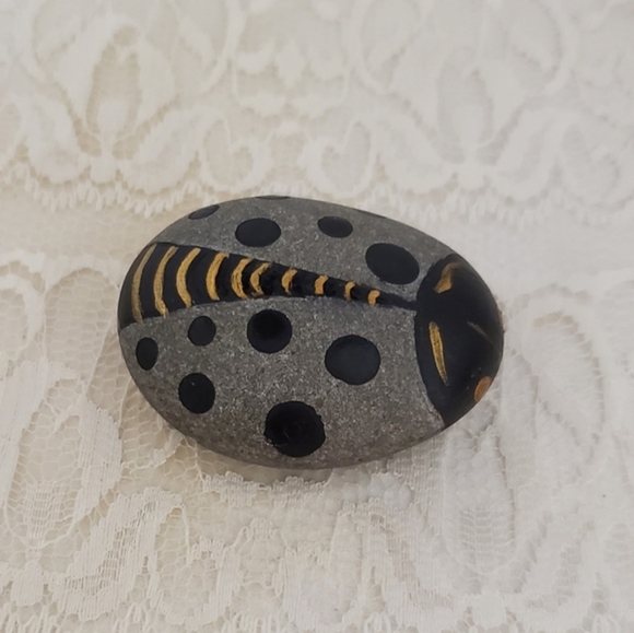 Painted Elegant Black Gray and Gold Ladybug Rock, hand painted ladybug Rock - Picture 4 of 8